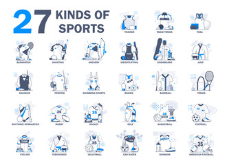 Different kinds of sports flat icons in set collection for design. Athlete, competitions vector symbol stock web illustration