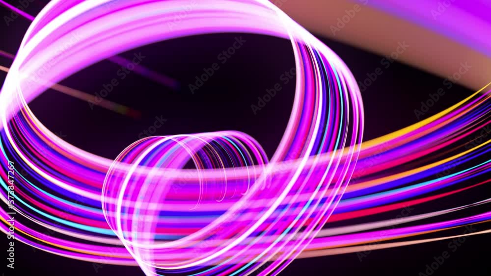Poster motion graphics, sci-fi bg. stream of multicolor neon lines form spiral shape, curls and pattern. ab