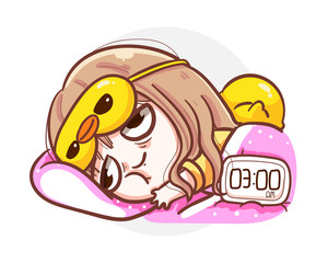 Sleepless woman lying down on the bed due to stress and anxiety isolated on white background with insomnia concept.