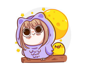Cute girl wearing owl mascot costume and sleepless at night isolated on white background with insomnia concept.