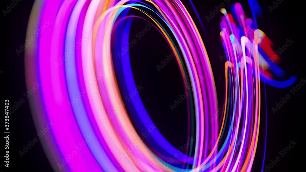 Poster motion graphics, sci-fi bg. stream of multicolor neon lines form spiral shape, curls and pattern. ab