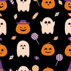 Halloween Pattern. Vector seamless pattern with sweets, pumpkins, ghosts. Vector flat illustration.
