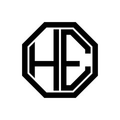 HE initial monogram logo, octagon shape, black color