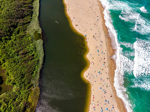 Aerial drone view of Veleka river, green forest, black sea shore, perfect place for holiday and vacantion in Bulgaria.