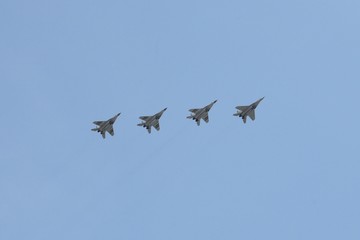 MiG-31K interceptors in the sky over Moscow during the dress rehearsal of the parade dedicated to the 75th anniversary of the Victory