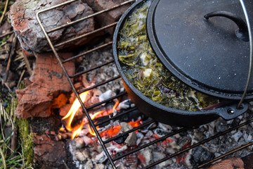 food on a hike in a cauldron green soup