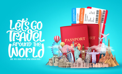 Let's go travel around the world vector design. Travel passport and plane tickets with famous landmarks and tourist destination of countries and places and text in empty space blue background. Vector  © AmazeinDesign