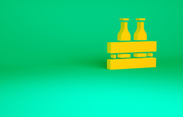 Orange Pack of beer bottles icon isolated on green background. Wooden box and beer bottles. Case crate beer box sign. Minimalism concept. 3d illustration 3D render.