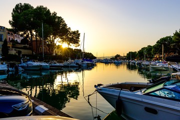 View on the mediterranean sea with boats, sailboats, sky on the sunset. Santa Ponsa, Majorca (Mallorca), Spain.