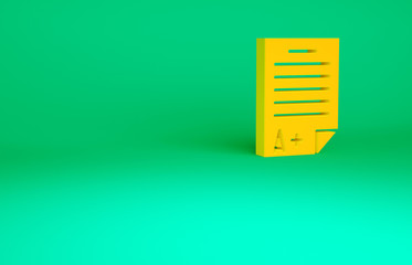 Orange Exam sheet with A plus grade icon isolated on green background. Test paper, exam, or survey concept. School test or exam. Minimalism concept. 3d illustration 3D render.