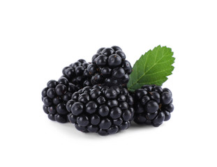 Tasty ripe blackberries and leaf on white background