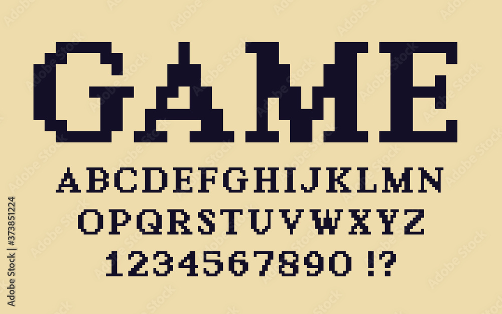 Poster Pixel classic serif font Video computer game design 8 bit retro letters and numbers Vector alphabet