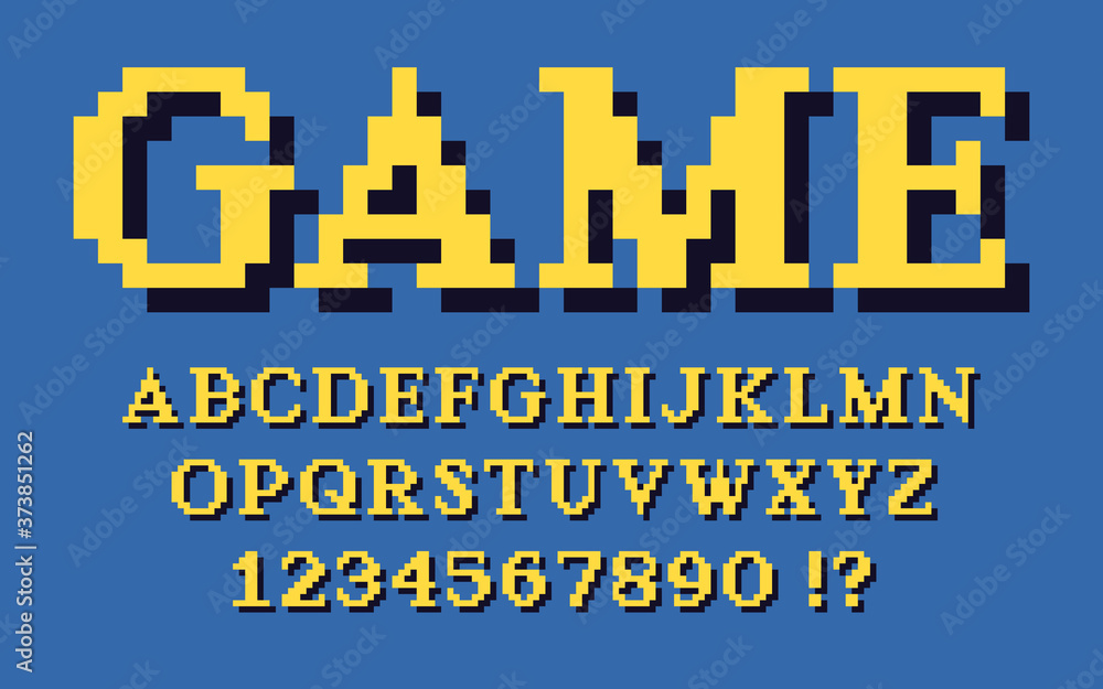 Poster Pixel classic serif font with shadow 3D video computer game design 8 bit retro letters and numbers Vector alphabet
