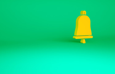 Orange Ringing bell icon isolated on green background. Alarm symbol, service bell, handbell sign, notification symbol. Minimalism concept. 3d illustration 3D render.