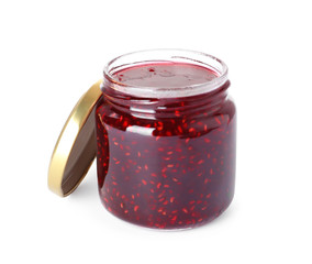 Jar of raspberry jam isolated on white