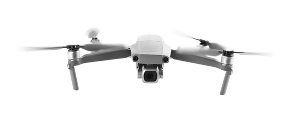 Modern drone flying on white background. Banner design
