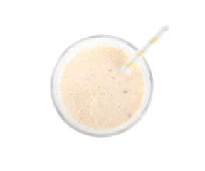 Tasty milk shake with straw isolated on white, top view