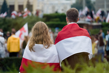 MINSK, BELARUS - August 23, 2020:  March of New Belarus in Minsk. Flag of Belarus. White red white