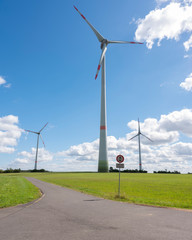 wind turbines in german eifel in green grass with blue sky and white clouds