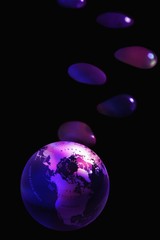 Fototapeta na wymiar Globe with water bubbles on black background