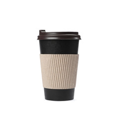 Takeaway paper coffee cup with cardboard sleeve isolated on white