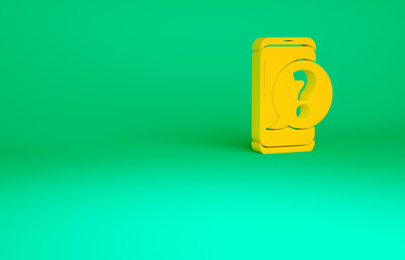 Orange Mobile phone with question icon isolated on green background. Minimalism concept. 3d illustration 3D render.