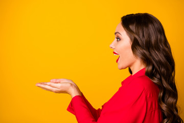 Closeup profile photo of pretty curly business lady holding open arms novelty sale price product open mouth wear office luxury red shirt isolated yellow color background