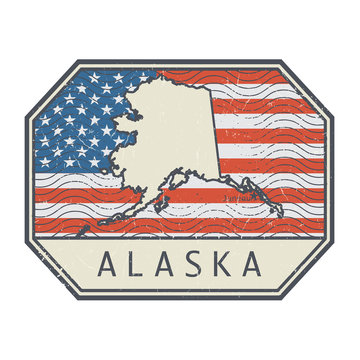 Stamp or sign with the name and map of Alaska, United States