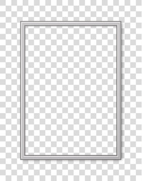 3D frame. Picture frame isolated on background. Silver realistic modern border rectangular with shadow. Vertical boarder for design picture, presentation, mockup, photo, poster, flyer, menu. Vector 