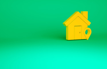 Obraz na płótnie Canvas Orange Map pointer with house icon isolated on green background. Home location marker symbol. Minimalism concept. 3d illustration 3D render.
