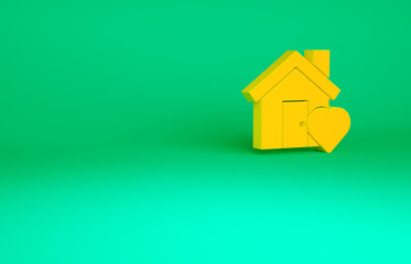 Orange House with heart shape icon isolated on green background. Love home symbol. Family, real estate and realty. Minimalism concept. 3d illustration 3D render.