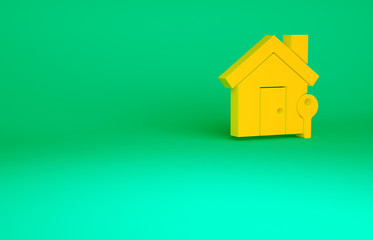 Obraz na płótnie Canvas Orange House with key icon isolated on green background. The concept of the house turnkey. Minimalism concept. 3d illustration 3D render.