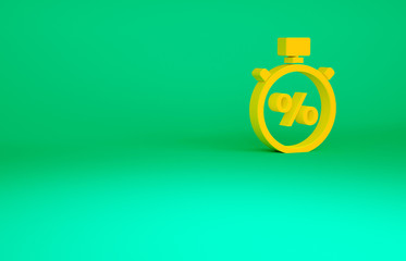 Orange Stopwatch and percent icon isolated on green background. Time timer sign. Minimalism concept. 3d illustration 3D render.