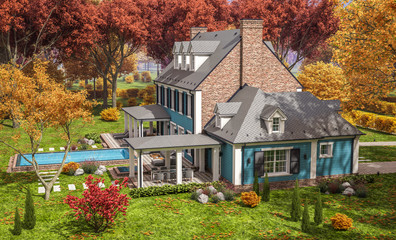 3d rendering of modern cozy classic house in colonial style with garage and pool for sale or rent with beautiful landscaping on background. Clear sunny autumn day with golden leaves anywhere.