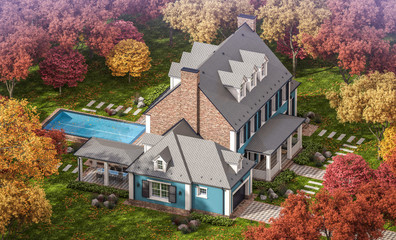 3d rendering of modern cozy classic house in colonial style with garage and pool for sale or rent with beautiful landscaping on background. Clear sunny autumn day with golden leaves anywhere.