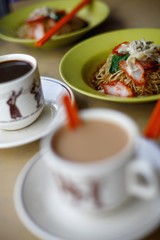 Asian noodles with hot drinks