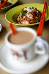 Asian noodles with hot tea