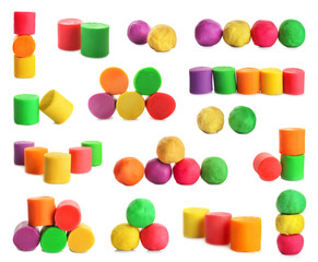 Set with bright play dough on white background