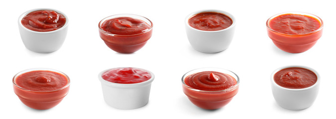 Set of tomato sauces in bowls on white background. Banner design