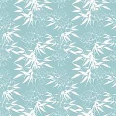 Naklejka na ściany i meble Floral seamless pattern with bamboo leaves and peonies. For invitation, greeting cards, textile, paper, wallpaper and wrapping