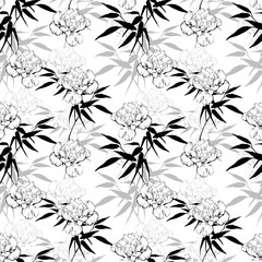 Floral seamless pattern with bamboo leaves and peonies. For invitation, greeting cards, textile, paper, wallpaper and wrapping