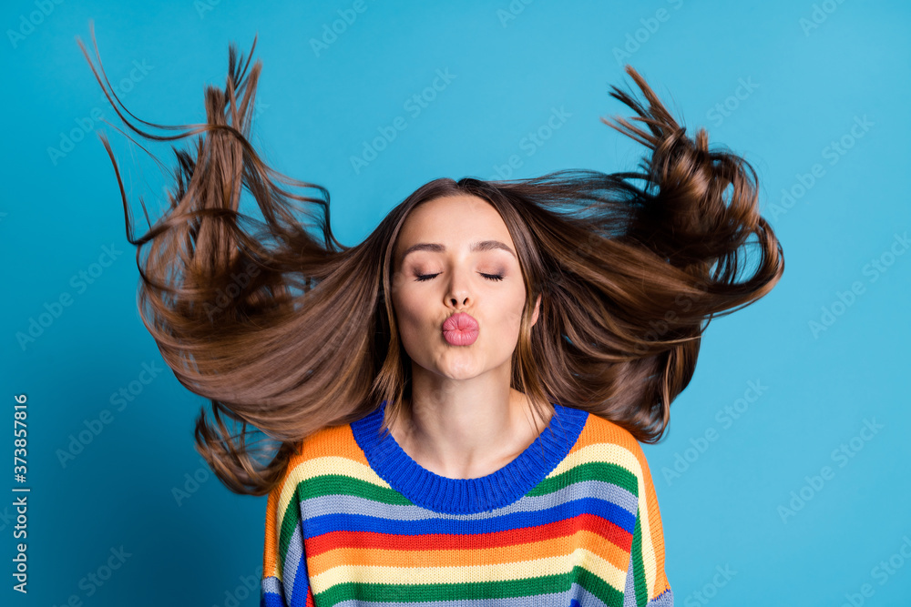 Poster Close up photo of charming girlfriend her haircut fly air wind she send air kiss boyfriend wear good look clothes isolated over blue color background