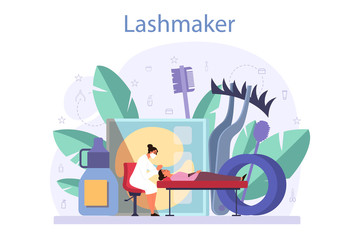 Lashmaker concept. Beauty center procedur. Female character puting