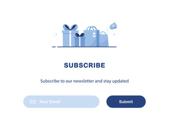 Shopping bag and gift. Subscription to newsletter, news, offers, promotions. Web Template. Subscribe. Follow me. Send by mail. Blue. Eps 10