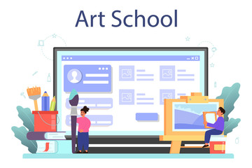 Art school education online service or platform. Student holding