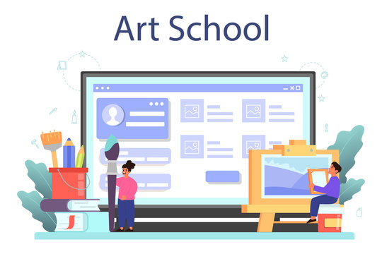 Art school education online service or platform. Student holding