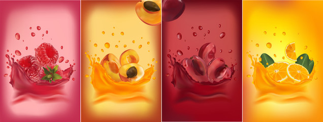 Fruit juice, cherry, raspberry, orange, apricot. 3D realistic fruit and splashes. Organic product. Vector illustration.