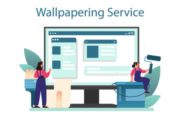 Wall papering online service or platform. Worker gluing wallpapers
