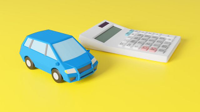 A photo-realistic CG illustration of a car toy and a calculator on a plane.