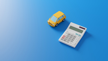 A photo-realistic CG illustration of a car toy and a calculator on a plane.